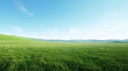 Fototapeta premium A group of chickens freely roaming a vibrant green pasture with a clear blue sky, capturing the essence of natural farming and rural life.