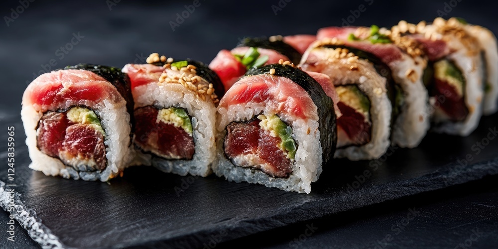 Poster delicious sushi rolls with a dark background featuring layers of meat and avocado topped with sesame