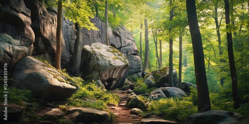 Poster Serene forest path surrounded by large moss-covered boulders and vibrant green trees, illuminated by soft sunlight filtering through leaves.