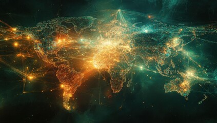 Stunning Global Connectivity Visualization with Bright Lines and Light Effects Illustrating Digital Interaction Across Continents and Regions