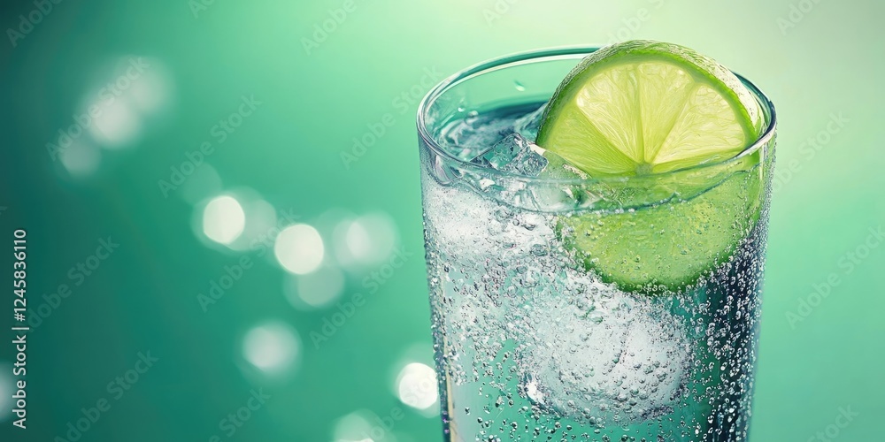 Aufkleber sparkling clear glass of lime-infused soda with bubbles on a soft green background, garnished with a