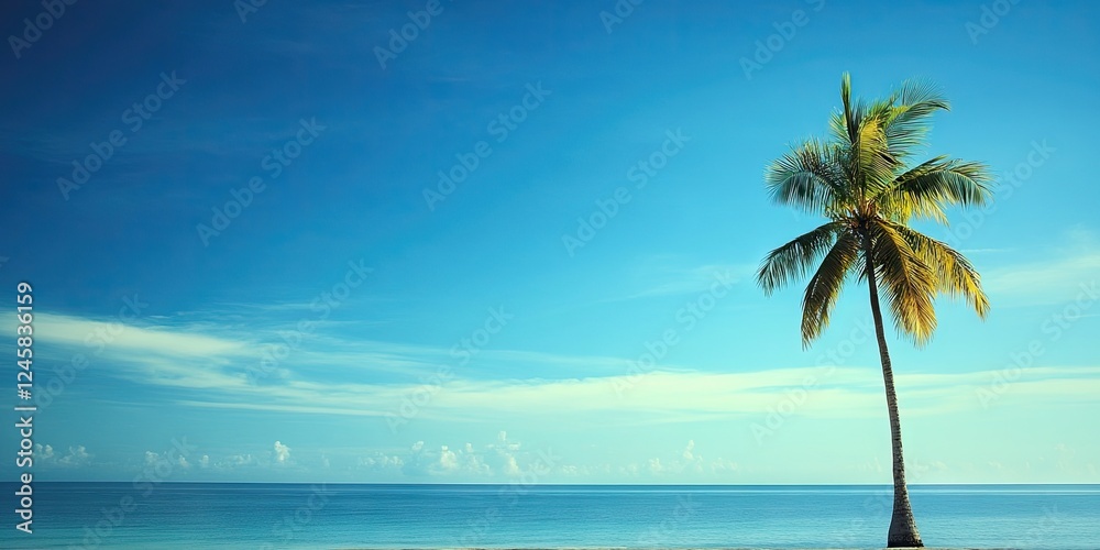 Poster lone palm tree on serene beach against vibrant blue sky and calm turquoise waters creating a tranqui