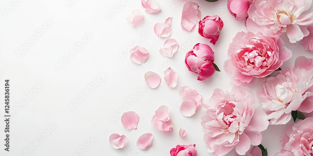 Poster delicate pink peony blossoms arranged on a white background with scattered petals creating a soft, e