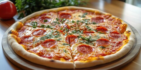 Pepperoni pizza with fresh basil on a wooden platter, positioned centrally with a casual wooden table background and vibrant green herbs nearby.