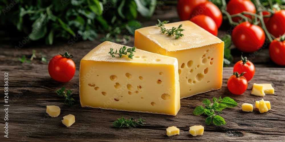 Poster two large cheese blocks on a rustic wooden table surrounded by ripe cherry tomatoes and fresh herbs 