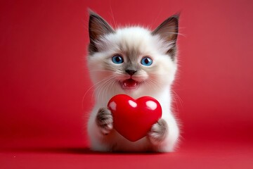 Birman - my beloved cat. Promotion idea. Cute birman baby feline with companion animal toy red heart - sign of love, funny greeting card. Valentine animal poster. Valentine's cat theme.