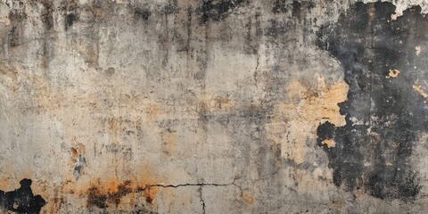 Obraz premium Weathered concrete wall with black and gray mildew patterns, featuring orange discoloration and visible cracks, creating a rustic, aged appearance.