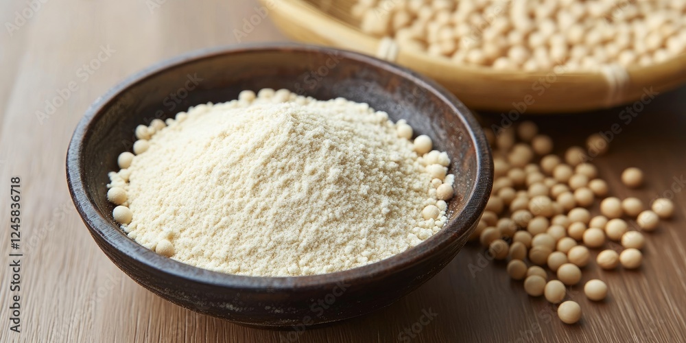 Poster bowl of fine kinako soy flour in foreground with scattered soybeans on wooden surface and textured b