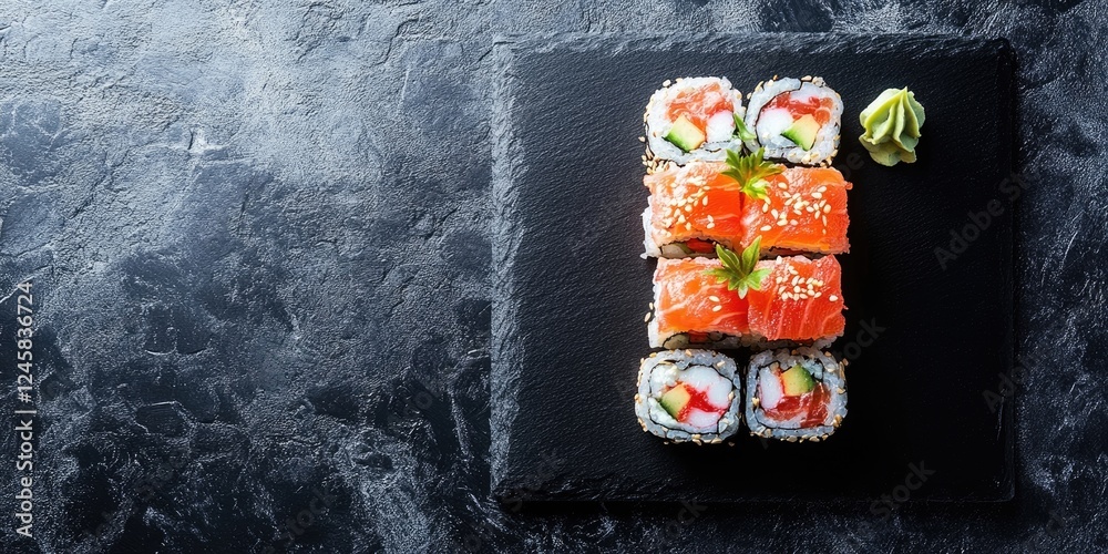 Poster sushi assortment on a textured black slate with colorful rolls arranged on a sleek black plate toppe