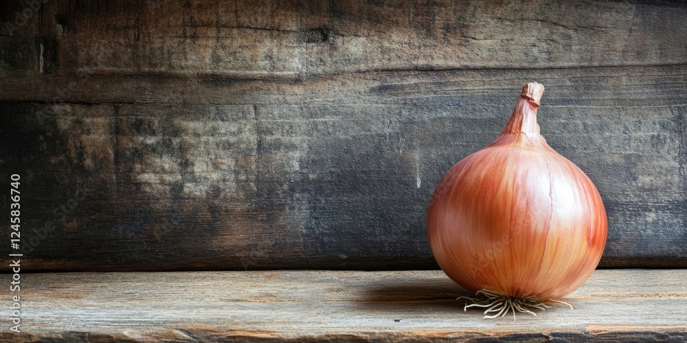 Aufkleber freshly harvested onion on rustic wooden surface with dark brown background and warm earthy tones cr