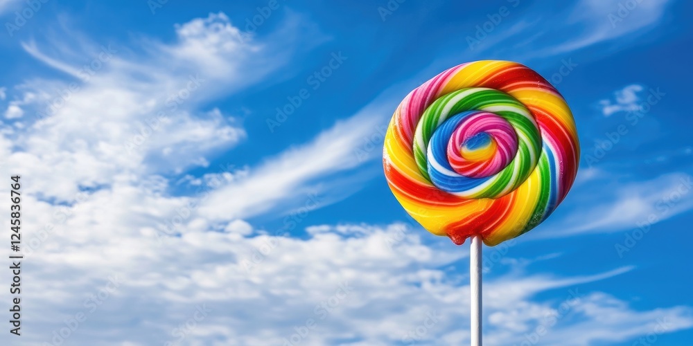 Poster rainbow lollipop stands tall against a vibrant blue sky with soft white clouds, creating a cheerful 