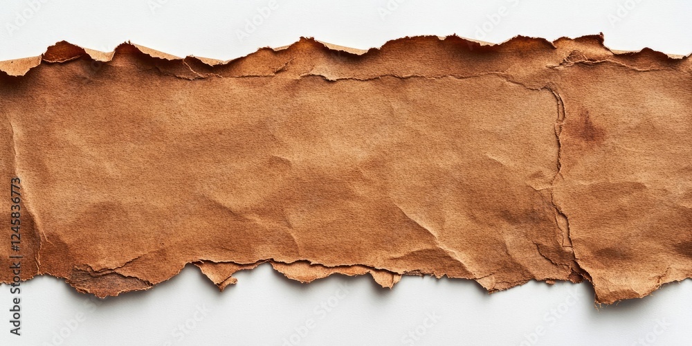 Fototapete Brown crumpled paper strip with torn edges positioned horizontally against a white background creating a vintage textured effect.