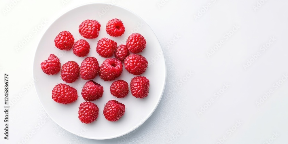 Poster fresh red raspberries arranged neatly on a white plate with a light gray background highlighting the