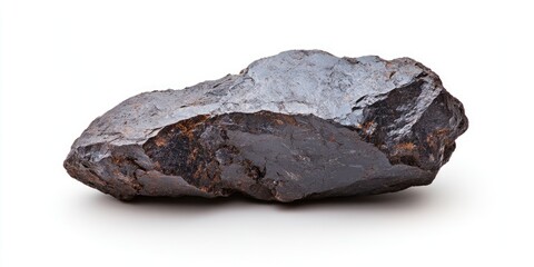 Fototapeta premium Natural dark gray iron ore rock with rough texture, positioned centrally on a white background, showcasing its unique mineral composition and form.