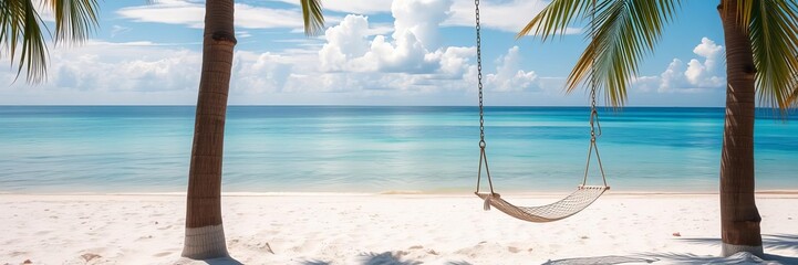 Summer beach background with beach swing and white sand on a calm sea, ideal for vacation and holiday concepts, beach, summer, swing