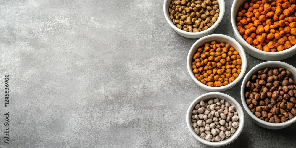 Poster pet food assortment in white bowls on a grey textured table with dry kibble, various colors prominen