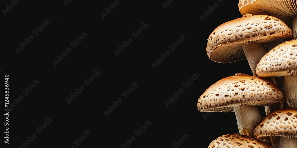 Poster stack of golden-brown mushrooms against a black background, arranged vertically with detailed textur