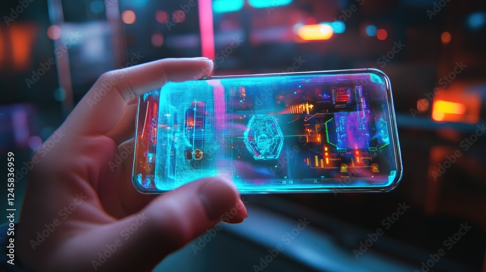 Poster A hand holding a mobile phone displaying a holographic user interface, with colorful lights in the blurred background, showcasing cutting-edge technology.