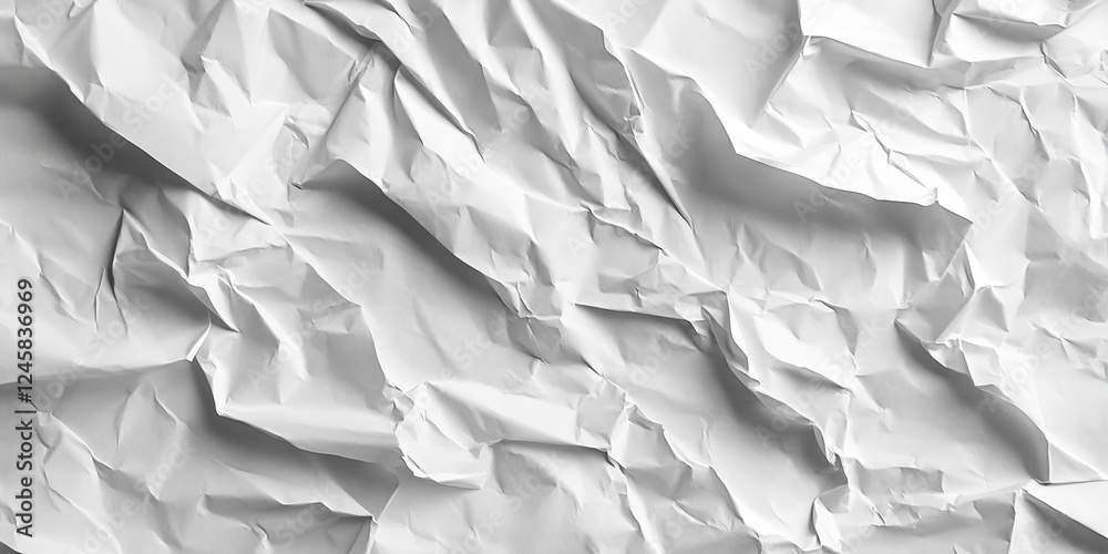 Poster Crumpled white paper texture showcasing varied wrinkles and creases, with subtle shadows highlighting its tactile surface against a light background.