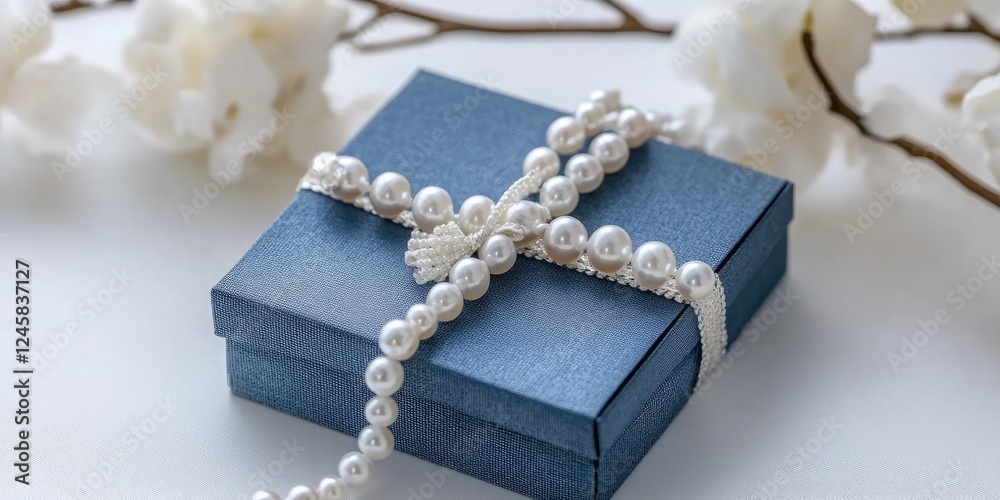 Poster elegant navy gift box adorned with pearls, strategically placed on a soft background, complemented b