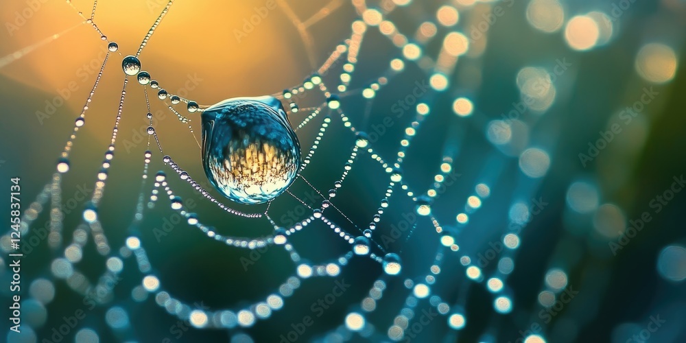 Leinwandbilder Macro shot of a delicate spider web adorned with a crystal-clear drop of condensation reflecting soft golden and blue hues, showcasing intricate details.