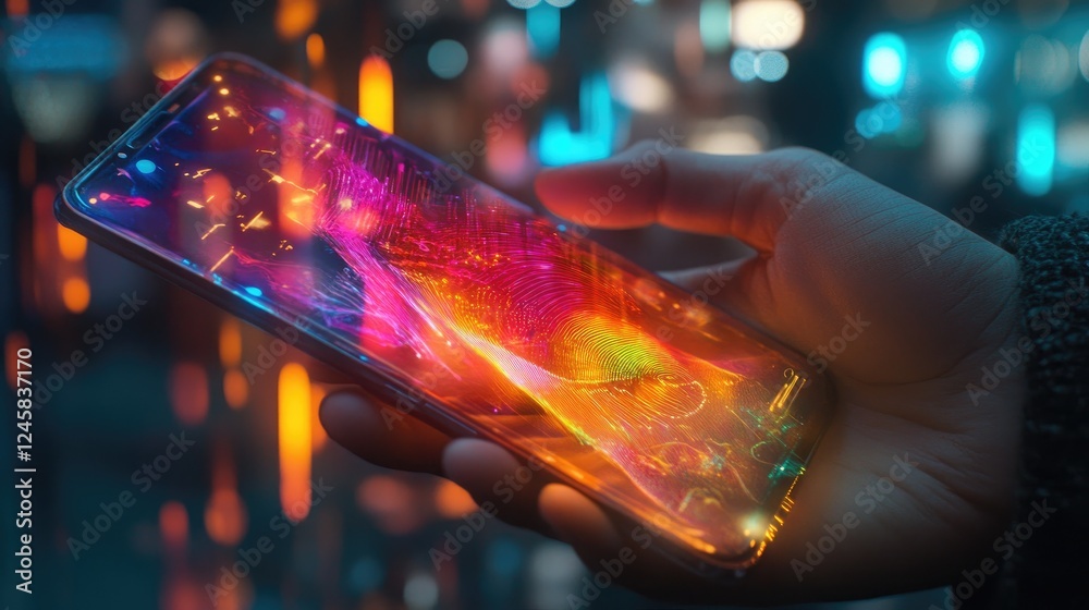 Poster A hand holding a mobile phone with a colorful holographic interface, illuminated by dynamic lights in the background, showcasing the future of user experience.