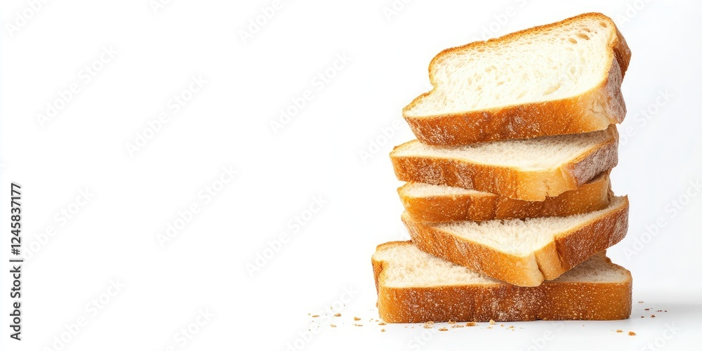 Poster freshly sliced golden-brown bread loaves stacked neatly on a white background with crumbs scattered,
