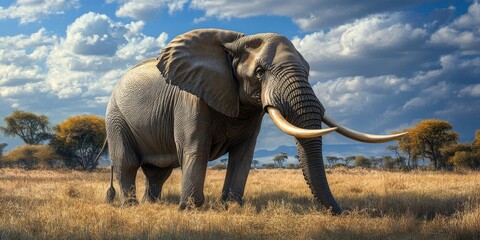 Obraz premium Majestic African elephant standing in golden grassland under a vibrant blue sky with fluffy clouds, surrounded by sparse acacia trees.