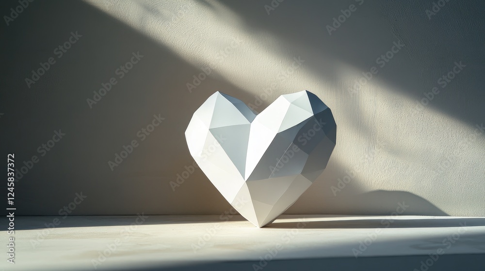 Poster a heart-shaped abstract sculpture with sharp geometric facets, placed in a shadowed setting, creatin