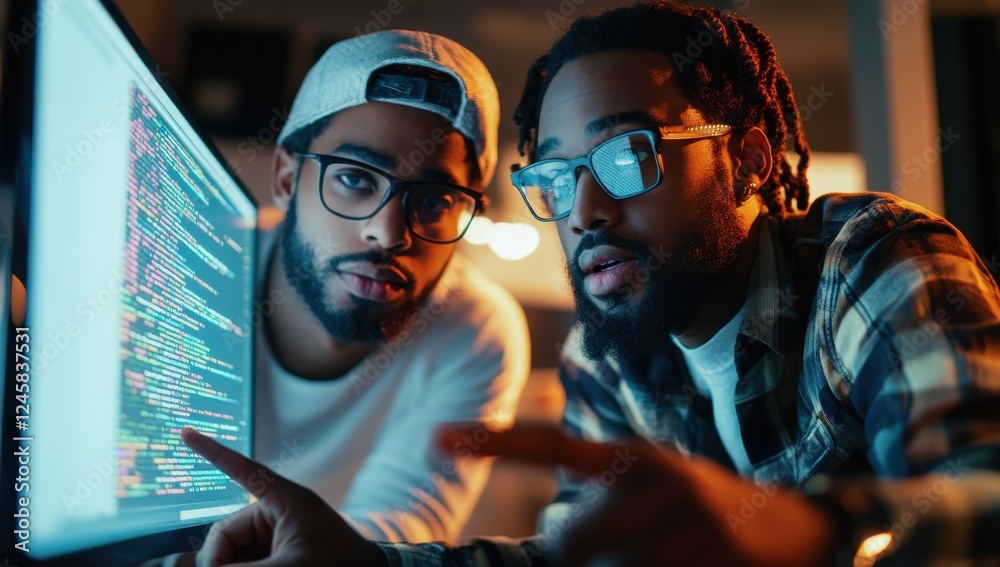 Aufkleber two young men collaborating on programming code in a modern workspace with computer screen displayin