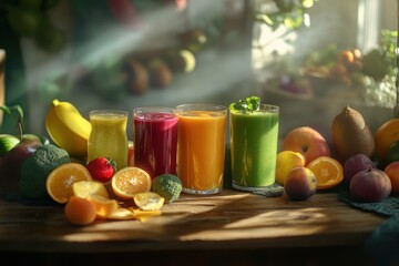 Freshly blended juices showcase vibrant fruits in a sunlit kitchen setting
