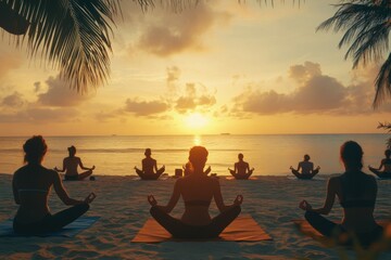 Group practice of meditation on the beach at sunset creating a peaceful atmosphere