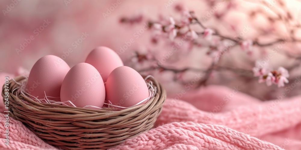 Aufkleber pink easter eggs in a woven basket placed on soft pink fabric with delicate cherry blossom branches 