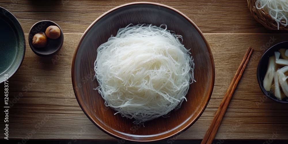 Aufkleber delicate rice noodles in a wooden bowl centered on a wooden table with chopsticks alongside a side d
