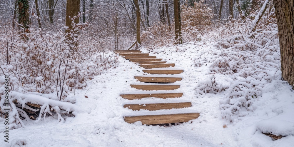 Poster winter pathway with wooden steps leading through snowy forest clearing, surrounded by leafless trees