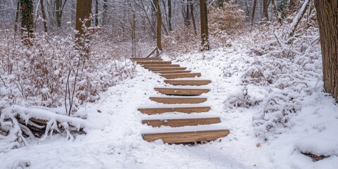 Winter pathway with wooden steps leading through snowy forest clearing, surrounded by leafless trees and sparse underbrush in soft white tones.