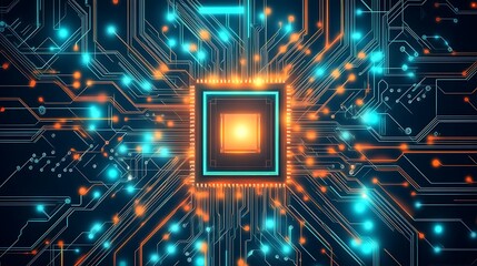 An abstract vector design of a glowing microchip at the center of a complex circuit board, with vibrant teal and orange connections extending outward.