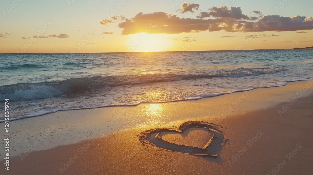 Poster A heart-shaped design carved into the sand on a beach during sunset, with calm waves lapping at the shore and soft clouds in the sky, creating a peaceful atmosphere.