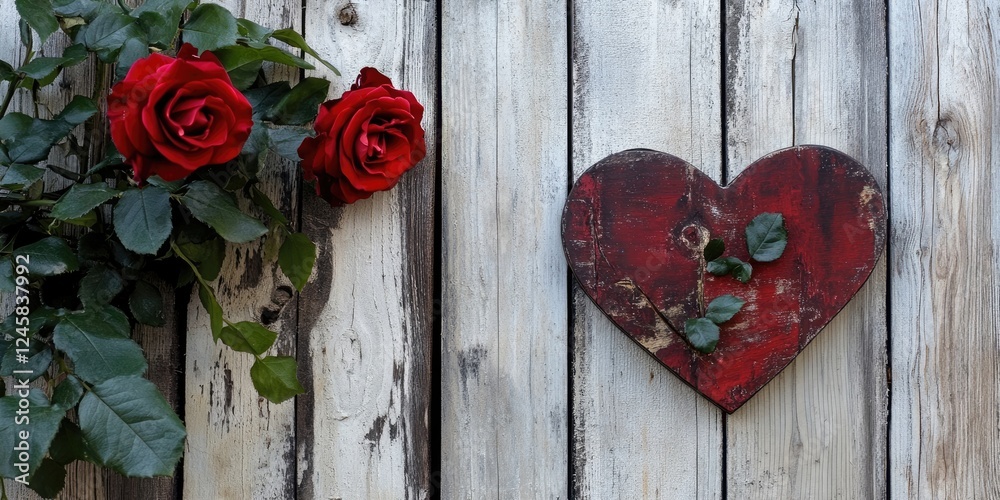 Poster rustic wooden background with a weathered red heart and two vibrant red roses, with green leaves on 