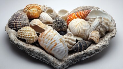 A heart-shaped collection of seashells with varying textures, arranged on a flat surface to highlight the natural coastal beauty and beach-inspired theme.