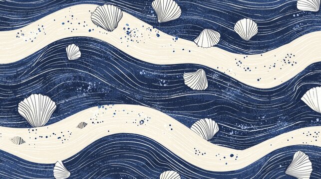 Abstract marine seamless pattern with hand-drawn navy blue stripes, wavy lines, and scattered seashell motifs, creating a soft oceanic texture