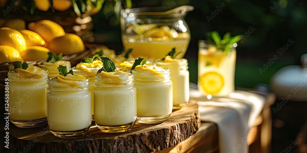 Aufkleber lemon mousse jars arranged on a wooden table in a rustic setting with fresh lemons, a lemonade pitch