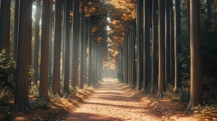A tranquil forest path lined with tall, straight trees in their autumn colors, sunlight streaming through the canopy above