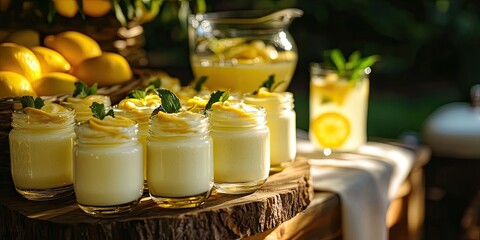 Lemon mousse jars arranged on a wooden table in a rustic setting with fresh lemons, a lemonade pitcher in the background, and greenery accents