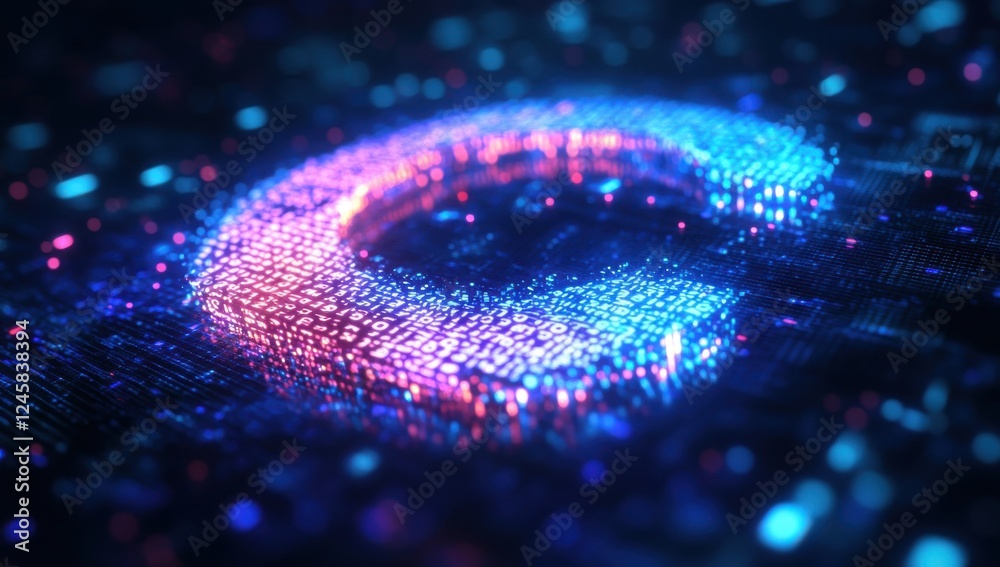 Poster vibrant digital glowing letter c on a matrix of colorful binary code representing data technology an