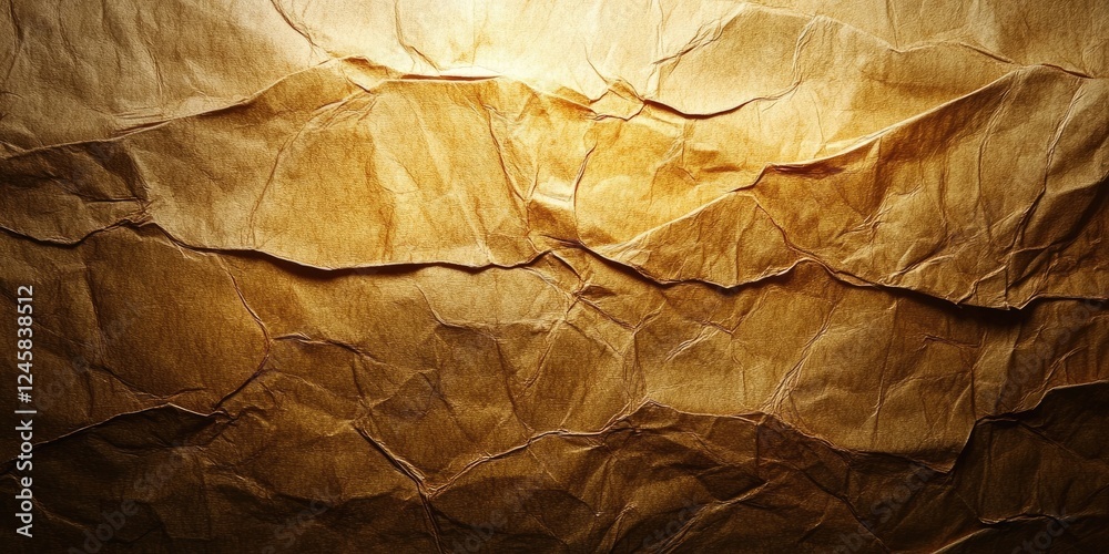 Fototapete Textured warm brown crumpled paper surface with soft illumination creating depth and shadows showcasing intricate wrinkles and creases.