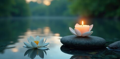 tranquil stone landscape with lit candle and white lily near a lake, candlelight, soothing