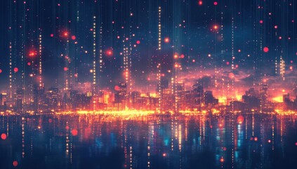 Obraz premium Vibrant Night Cityscape with Colorful Lights, Reflections, and Abstract Pattern over Urban Skyline in a Futuristic Style