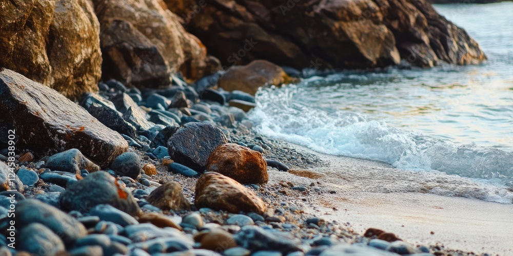 Aufkleber coastal scene featuring smooth pebbles in varied shades of gray and brown near a gentle wave lapping