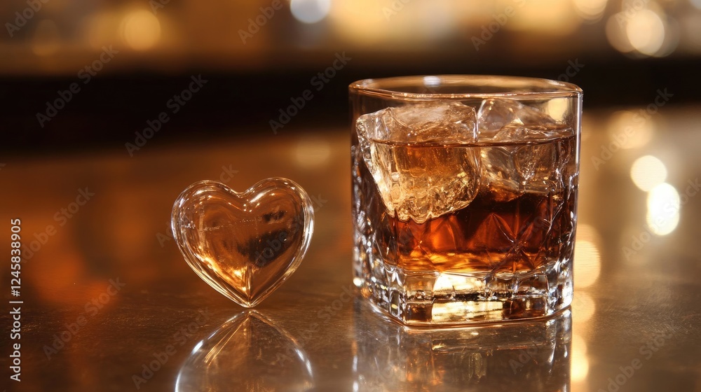 Poster a heart-shaped ice cube placed next to a drink on a polished surface, highlighting the crisp, clear 